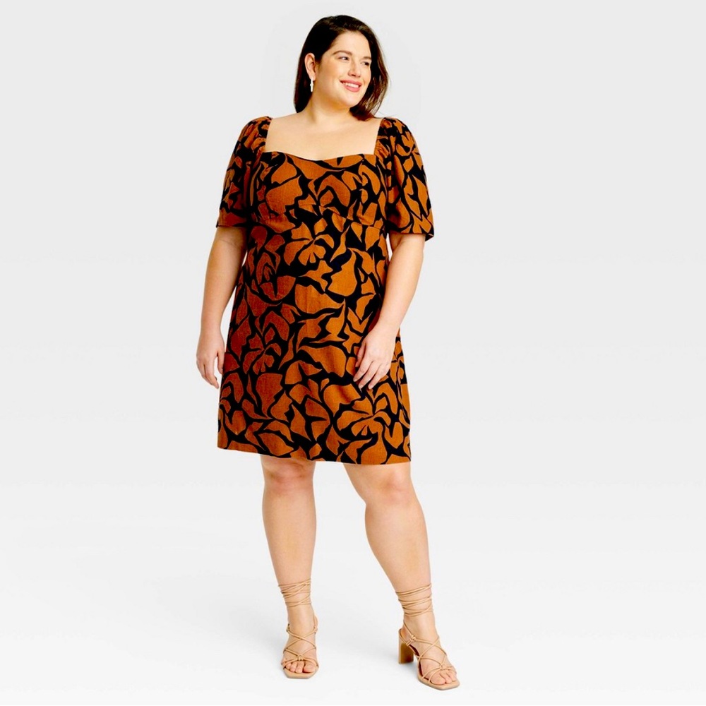 Size 1X A New Day puff sleeve dress in brown leaf